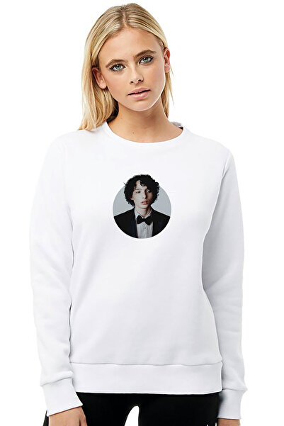 QIVI سترة سترانجر ثينجز فين مطبوع النسائية البيضاء المحبوكة بأكمام طويلة