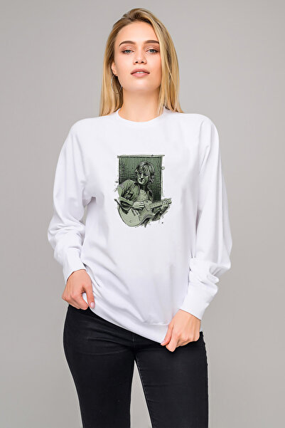 QIVI The Beatles t John Lennon Metal Printed White Women's Knitted Sweatshirt...