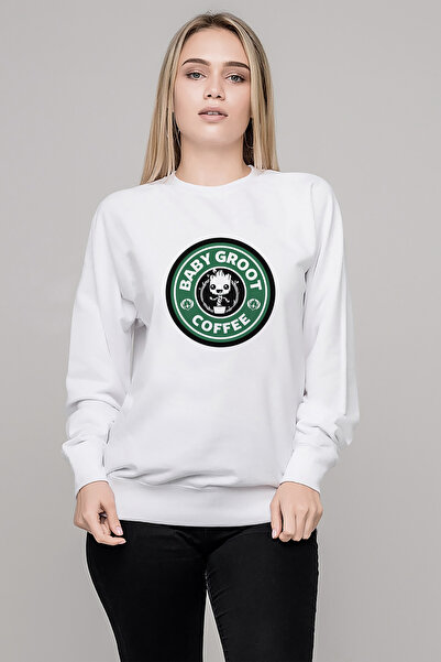 QIVI I Am Groot Coffee Printed White Women's Knitted Sweatshirt Long Sleeve
