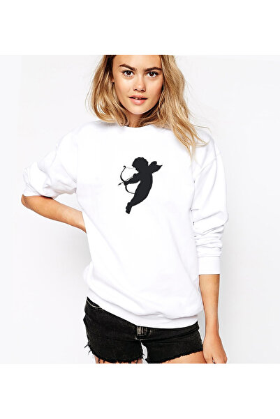 QIVI سويت شيرت سيلويت كيوبيد ويذ بو مطبوع للسيدات باللون الأبيض بأكمام طويلة
