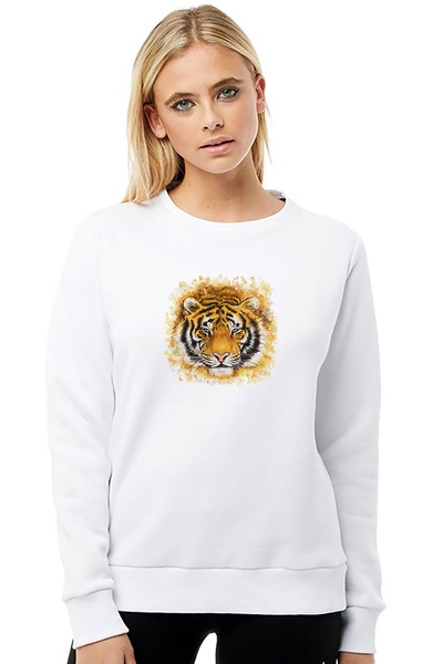 QIVI Orange Tiger Face Drawing Bengal Tiger Printed White Women's Knitted Swe...