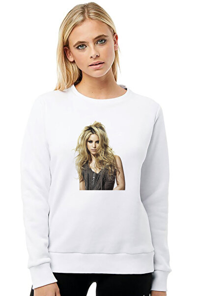 QIVI GoJntvL شاكيرا مطبوع سويت شيرت نسائي محبوك باللون الأبيض بأكمام طويلة