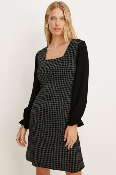 armonika Women's Khaki Plaid Square Neck Long Sleeve Dress Arm-22Y001182