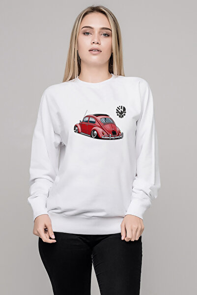 QIVI Wv Wosvos Beetle مطبوع سترة نسائية بيضاء محبوكة بأكمام طويلة