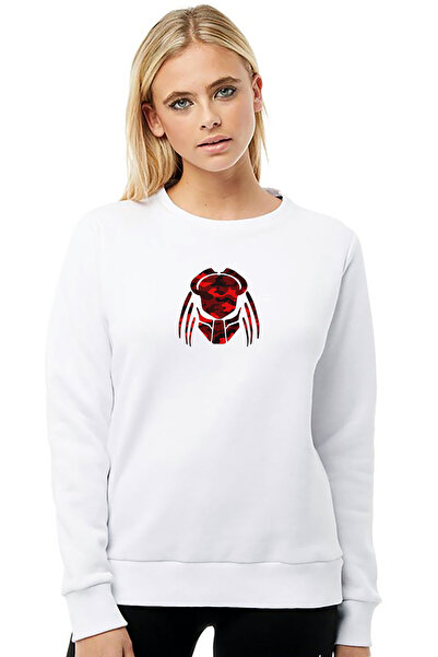QIVI Red and Black Camouflage Predator Illustration Printed White Women's Kni...