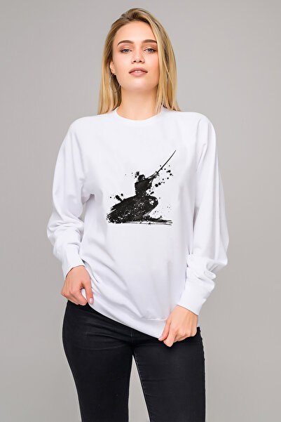 QIVI سويت شيرت سيلويت ساموراي مطبوع نسائي أبيض محبوك بأكمام طويلة