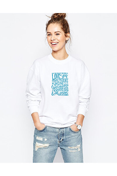 QIVI Love Joy Peace Printed White Women's Knitted Sweatshirt Long Sleeve