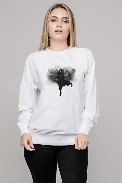 QIVI The Witcher Printed White Women's Knitted Sweatshirt Long Sleeve