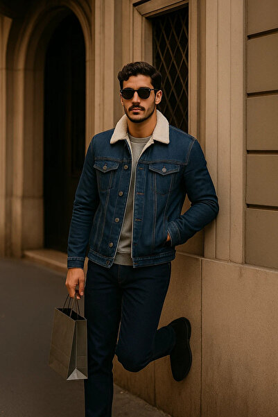 comstar Men's Winter Casual Fur Lined Classic Dark Blue Denim Jacket