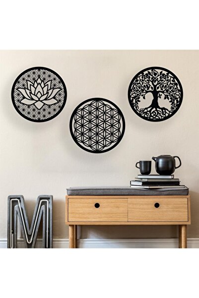 Mad Tasarım 48 Hayat Ağaçı Yaşam Çiçeği Lotus Çiçeği Anlamlı 3 Parça Duvar Dekor Tablo