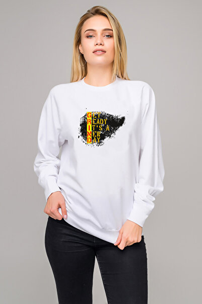 QIVI Grind Get Ready It's a New Printed White Women's Knitted Sweatshirt Long...