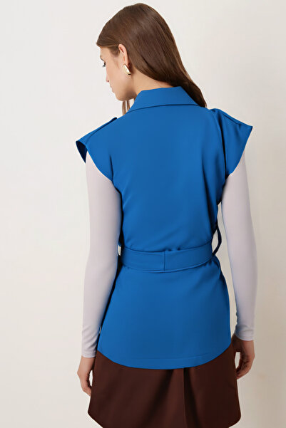 armonika Women's Blue Men's Collar Waist Belted Linen Look Vest Arm-25Y001079