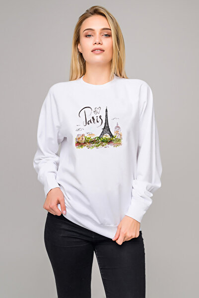 QIVI باريس إيفل تاور مطبوع سويت شيرت نسائي محبوك باللون الأبيض بأكمام طويلة