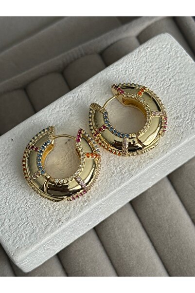 MOD10 Purple Line Design Renkli Taşlı Gold Halka Küpe