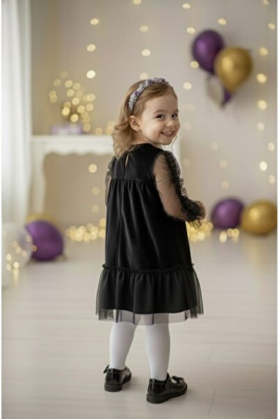 penu baby kids Black Velvet Long Tulle Sleeve Girl's Dress with Ruffles on the Sleeves and Hem