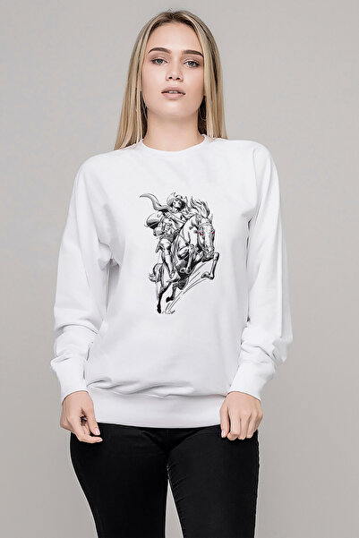QIVI At Rider Printed White Women's Knitted Sweatshirt Long Sleeve