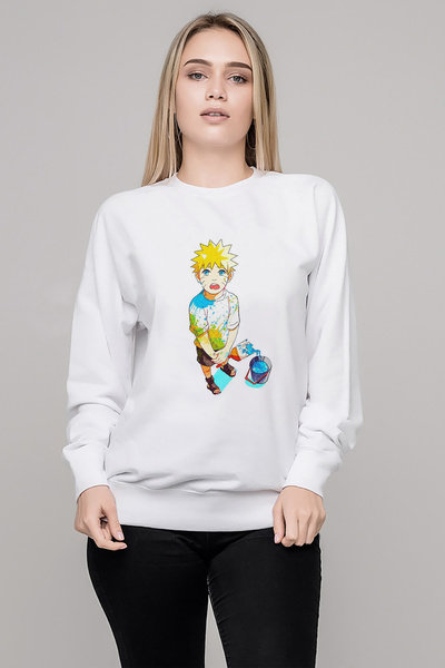 QIVI سويت شيرت أنمي ناروتو أوزوماكي مطبوع للسيدات باللون الأبيض بأكمام طويلة
