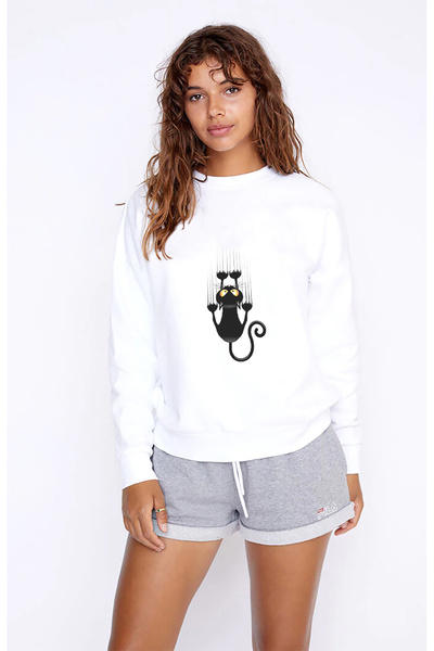QIVI Cat Clipartcat Scratching Claws Vector Cat Printed White Women's Knitted Sweatshirt Long Sleeve