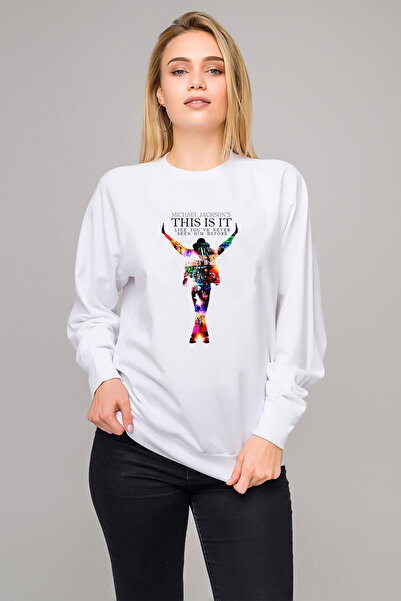 QIVI مايكل جاكسون مطبوع سويت شيرت نسائي محبوك باللون الأبيض بأكمام طويلة