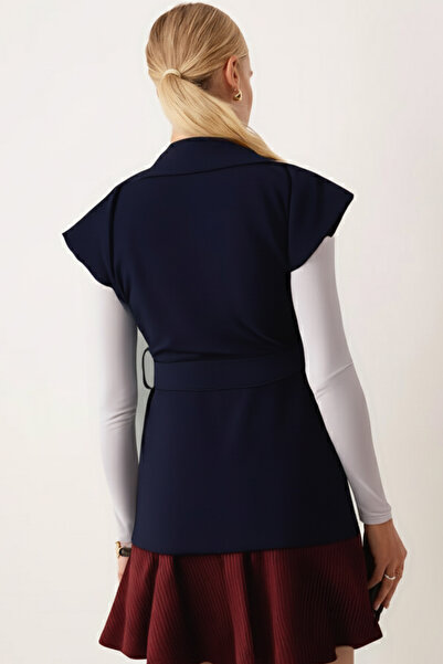 armonika Women's Navy Blue Men's Collar Waist Belted Linen Look Vest Arm-25Y001079