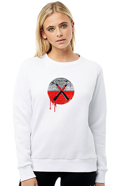 QIVI بينك فلويد ذا وال هامر 2018 مطبوع سترة نسائية بيضاء محبوكة بأكمام طويلة