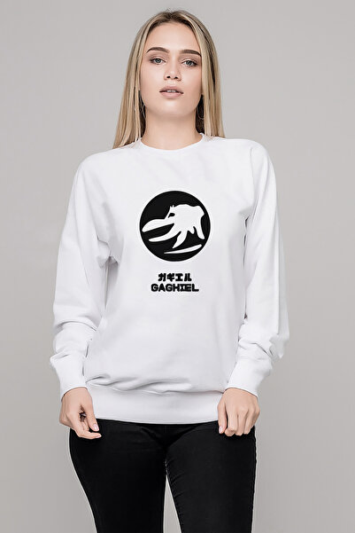 QIVI Evangelion Gaghıel Printed White Women's Knitted Sweatshirt Long Sleeve