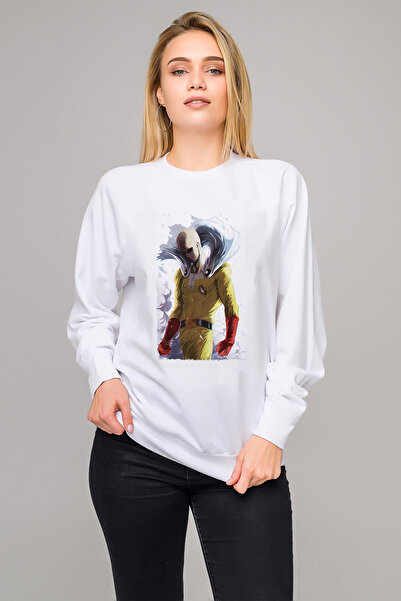 QIVI سويت شيرت أنمي وان بانش مان مطبوع للسيدات باللون الأبيض بأكمام طويلة
