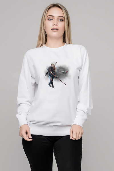 QIVI The Witcher Printed White Women's Knitted Sweatshirt Long Sleeve