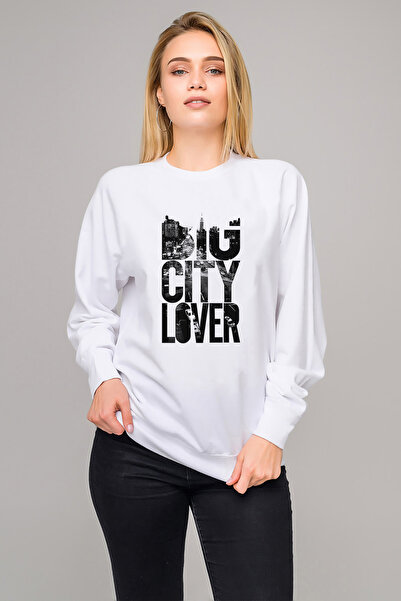 QIVI سترة Big City Lover مطبوع النسائية المحبوكة باللون الأبيض بأكمام طويلة