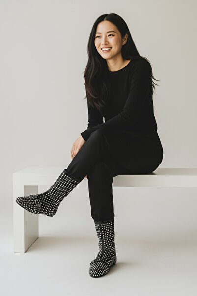 Zen Cizme și ghete cu talpă plată pentru femei, cu aplicații de piatră