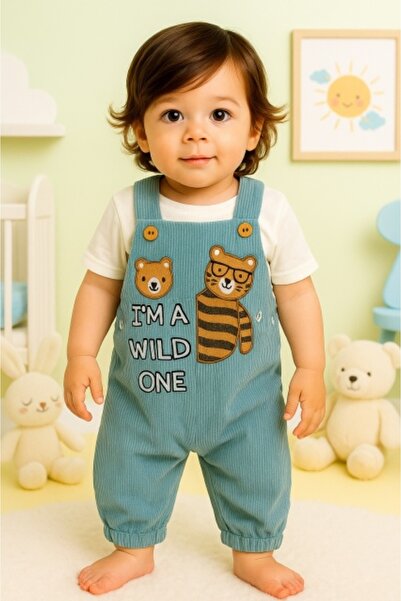 Superbaby Salopeta bebe "I'm a Wild One" albastra, cu imprimeu ursuleti