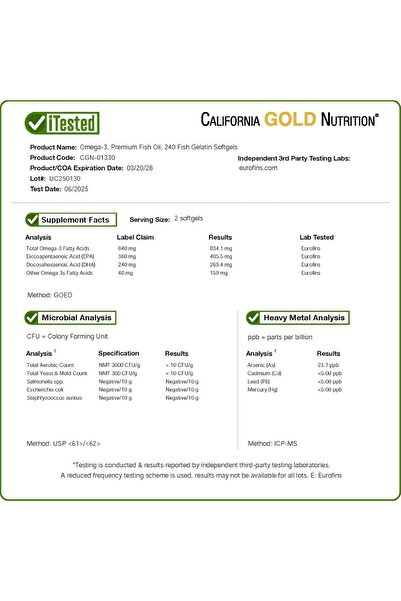 California Gold Nutrition Omega-3 240 Gelatin Softgels Premium Fish Oil