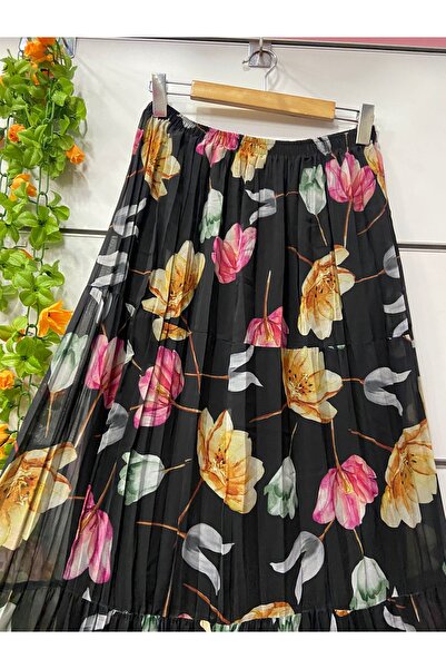edu collection Floral Patterned Layered Chiffon Skirt with Lining
