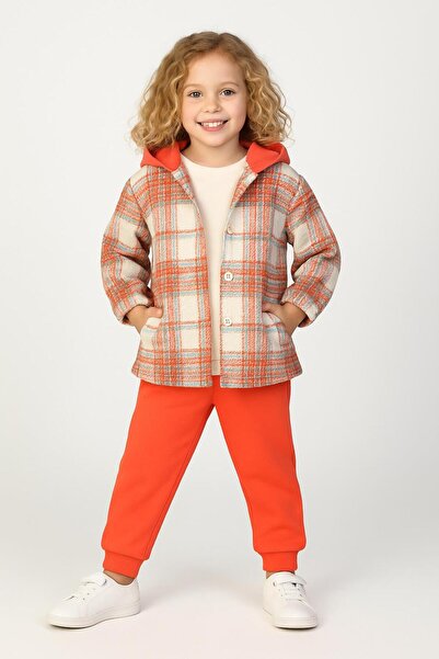 RAPAPA Girls and Boys Orange Checkered Hooded 3-Piece Suit – Stylish and Comfortable Casual Combination 4140