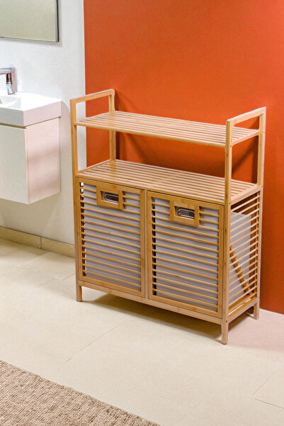 Digithome Bambu 2'li Kirli Sepetli 2 Raflı Çok Amaçlı Banyo Düzenleyici Çamaşır Sepeti DB-0040