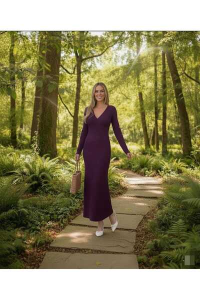 aytenli V-Neck Long Sleeve Maxi Length Stretchy Stretch Fabric Plain Elegant Tassels Dress