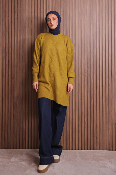 Balenbi Women's Crew Neck Diamond Pattern 80cm Soft Knitwear Tunic 1140