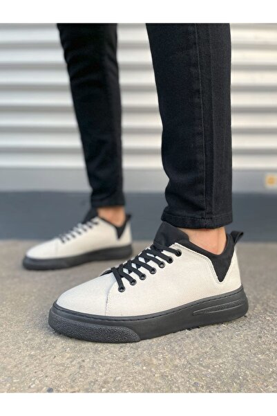 Lucy Shoes Jy204 Flex Lace-Up Linen Fabric Men's Casual Sneaker Shoes Kst - White/Black