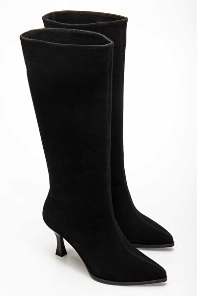 CHICELLA Viyola Siyah Deri Tozu Sivri Burun Kadın Topuklu Çizme