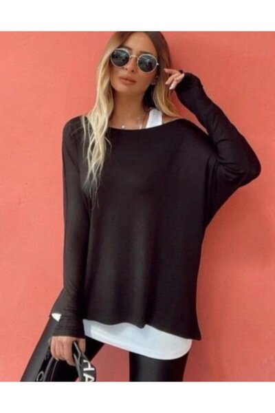 Giyimodam Women's Long Sleeve One Shoulder Open Strawberry Blouse and Viscose Undershirt Two Piece Set