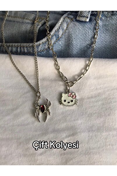 STAİNLES Kitsch Kâbus Double Set: Cute Cat and Spider Necklace