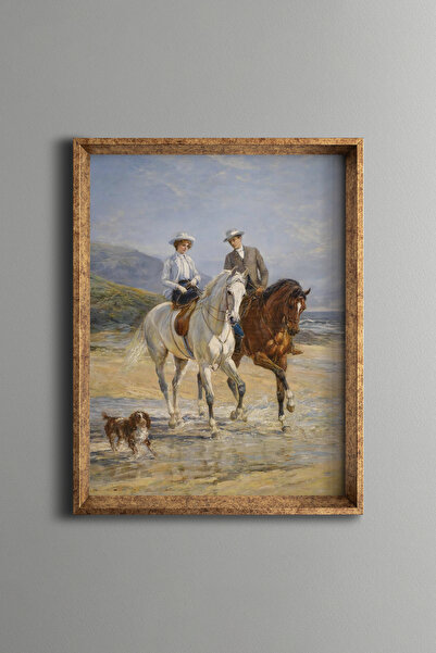 epiqart Couple Riding Horses on the Beach - Vintage Patterned Frame