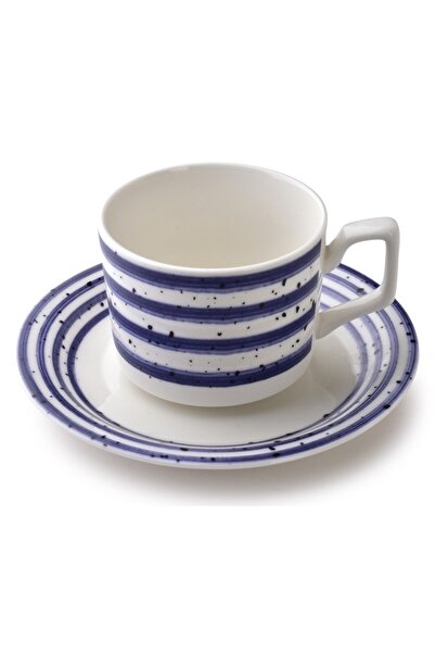 Affekdesign By Mondex Set of 6 JOY cups with saucers, Affekdesign, porcelain, striped, blue, 210ml