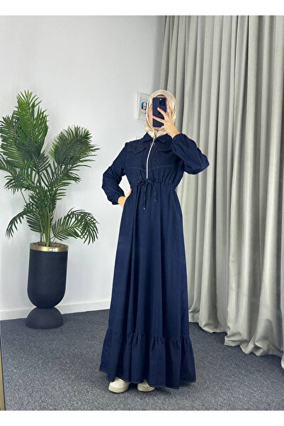Esre Store 889 - فستان ديني من الدنيم بخصر مطاطي باللون الأزرق الداكن