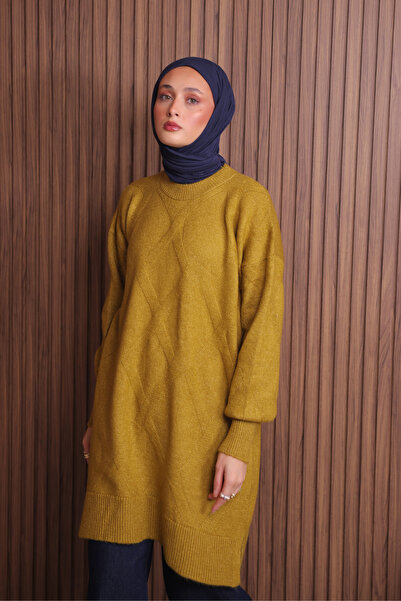 Balenbi Women's Crew Neck Diamond Pattern 80cm Soft Knitwear Tunic 1140