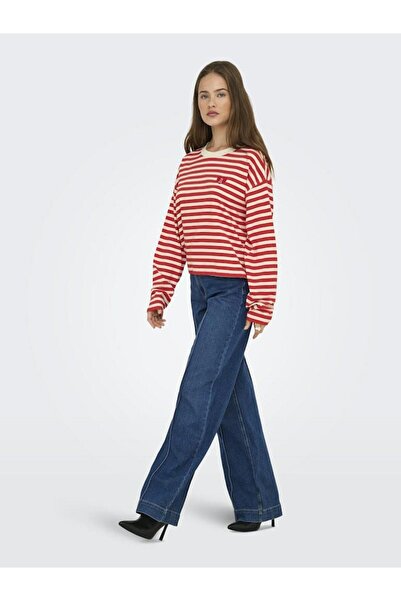 ONLY Women's Red Onllivina L/S O-Neck Stripe Top Jrs Sweatshirt 15359682-Highrisk