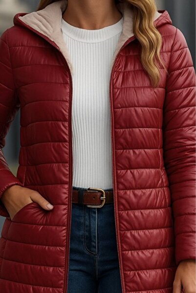 buğrahayalin Women's Long Sleeve Hooded Pocket Detailed Zippered Medium Length Coat