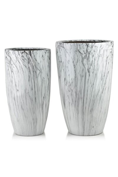Mondex Since 1986 NEVA MARBLE set of 2 ceramic pots 39x39x62 & 31x31x58 cm, white-grey