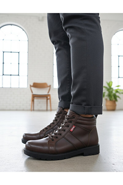 Ata 460 Coffee Men's Daily Light Sole Oil Leather Boots Orthopedic Lace-Up Boots