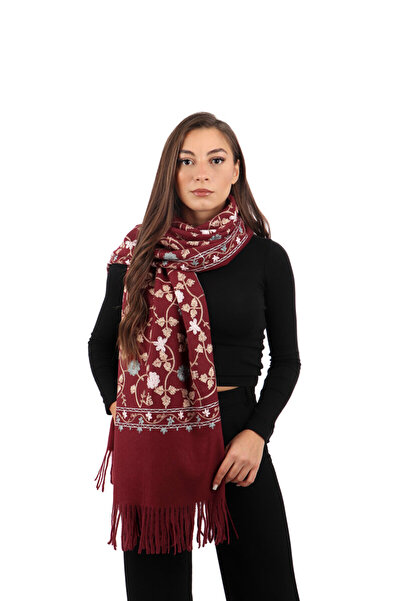 Bursa İpek شال شتوي مطرز باللون العنابي الداكن